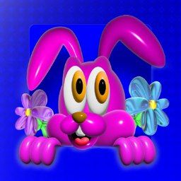 Pinky the pink bunny mascot holding flowers